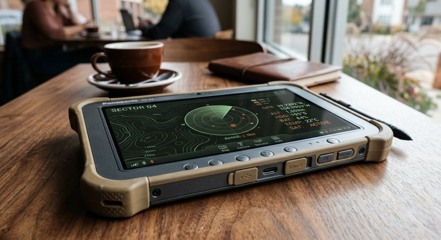 Rugged COS+ field terminal on a coffee shop table, screen showing a topographic telemetry HUD