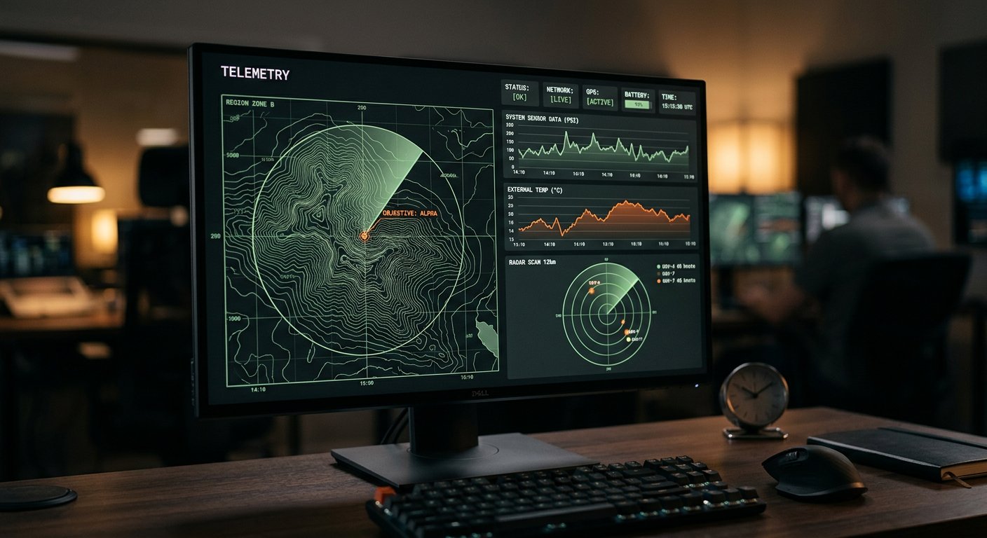 Photorealistic dark telemetry dashboard with topographic map, charts and radar widget
