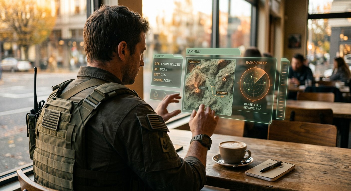 Operator in a tactical vest at a coffee shop, viewing floating topographic HUD panels